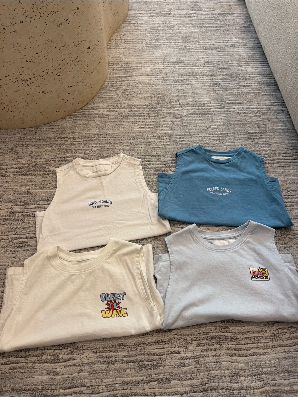 Zara Kids Sleeveless Graphic Tank Set — Blue, Light Blue, Cream, White
